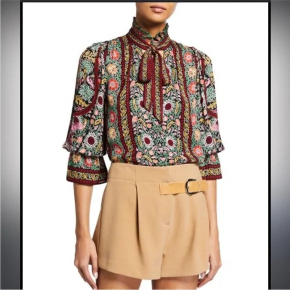 Alice + Olivia Reilly Ruffle Collar Blouse in Floral Pot Blk Multi, NWOT - Picture 6 of 8